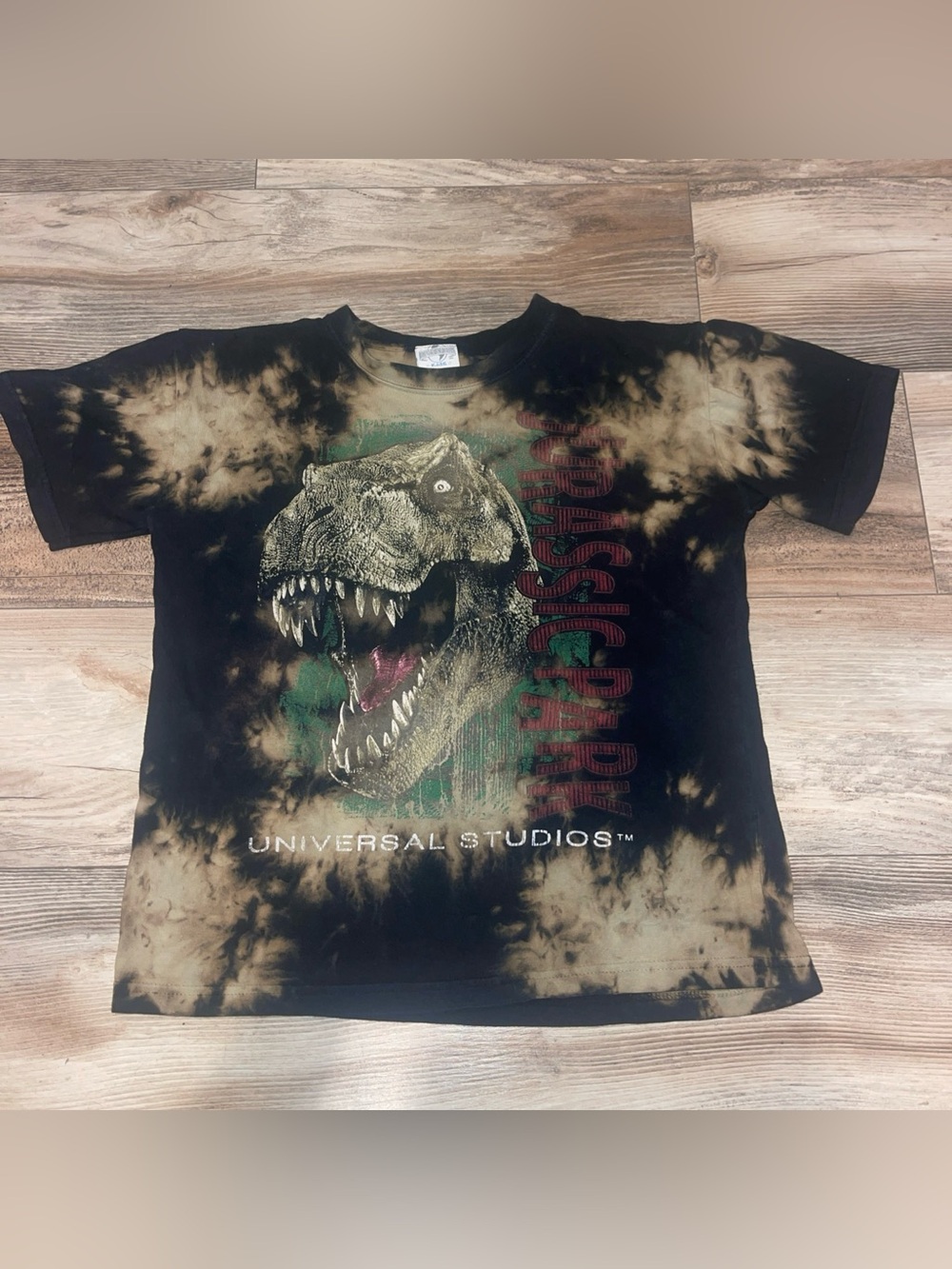 Vintage Universal Studios Jurassic Park Black Brown Tie-Dye Shirt Kids Large Y2K